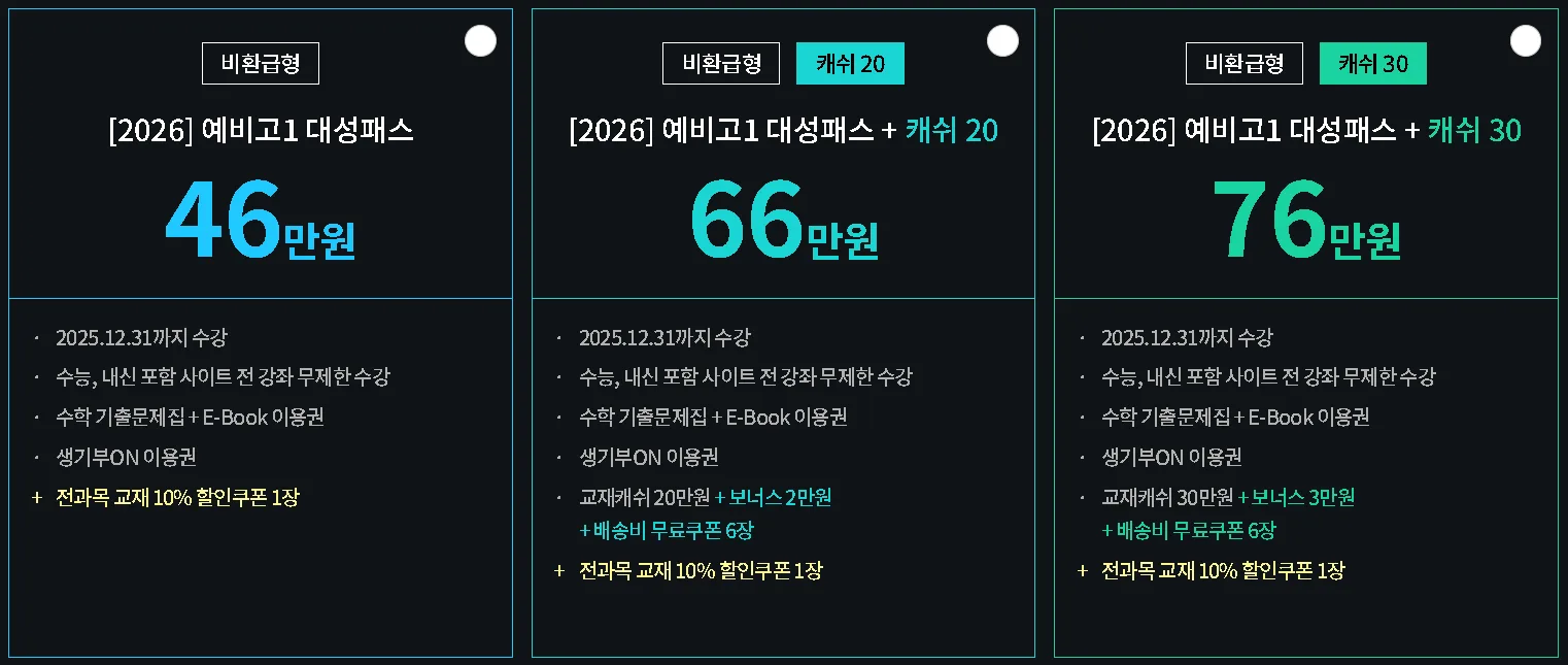예비 고1, 고2  대성 패스 비환급형 가격 구성